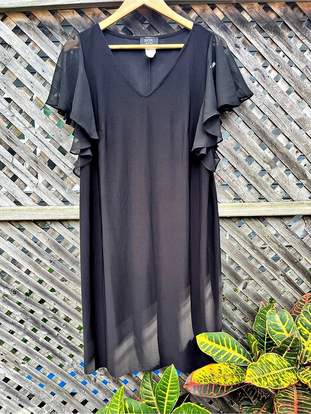 Vintage MSK Women's Sheer Ruffle Sleeve Mid Dress Size 1X Black Like New